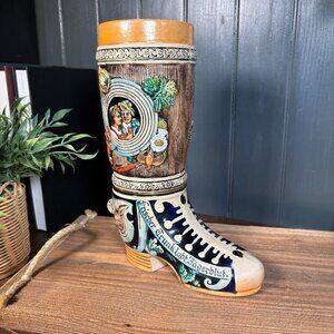 Vintage German Ceramic Stein Hand-Painted Folk Art Hunting Beer Boot Mug